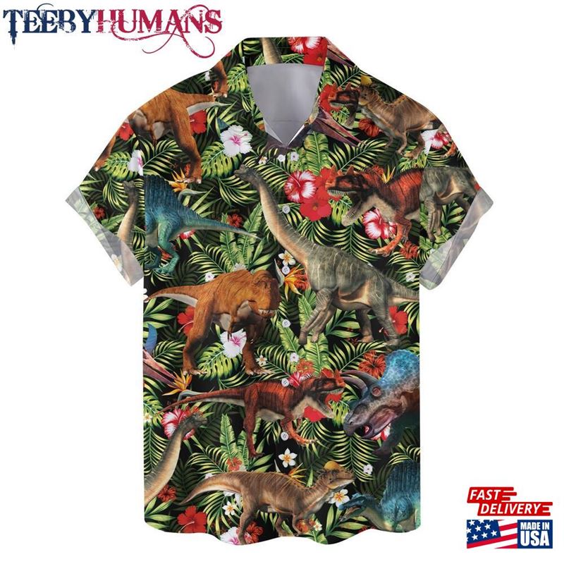 Tropical Dinosaur Hawaiian Shirts For Men Women Summer Aloha Button Down Short Sleeves Men’S Shirt